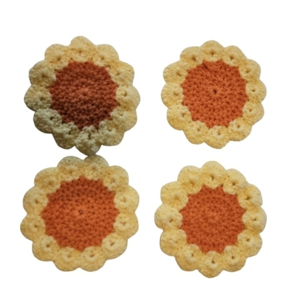 Hand Crafted Crochet Coasters Set of 4pcs Orange yellow flower handmade cup mats - Picture 4 of 17